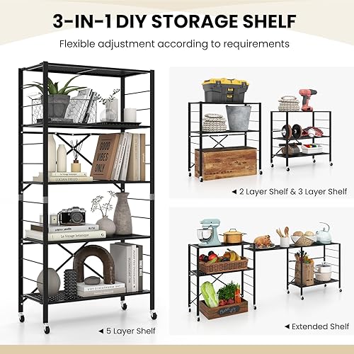 Miniatura 4 de GOFLAME Estantes de almacenamiento plegables de 5 niveles, estantes ajustables con ruedas, estantería desmontable, gran capacidad, estante de