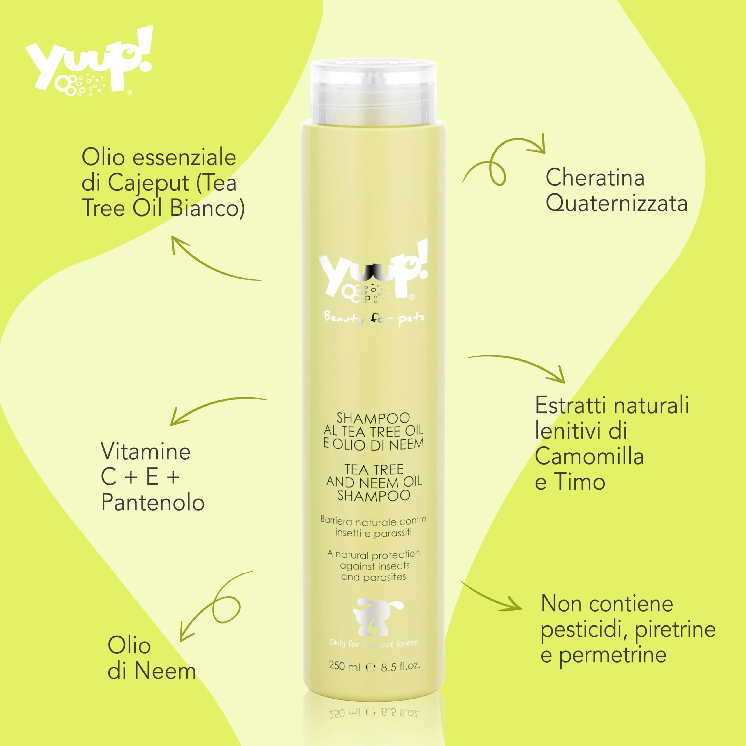 YUUP! - Shampoo per Cani e Gatti al Tea Tree Oil e Olio di Neem, 250 ml, azione repulsiva nei confronti di zanzare, tafani, zecche, mosche e pulci
