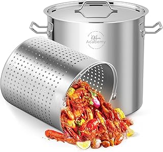 Kitchen Academy 53 Quart Stainless Steel Stock Pot with Strainer Basket, Silver Large Cooking Pots, Commercial Cookware Sa...