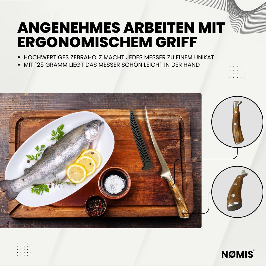 NØMIS Premium Filetiermesser Fisch | Filitiermesser scharf Fisch | Fischmesser | 18,5 cm Klinge aus Deutschem Edelstahl | Ausbeinmesser Profi für Fisch und Fleisch | Griff aus Zebraholz