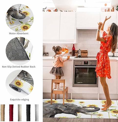 Miniatura 6 de SEVENBABU Kitchen Mat and Rug Set of 2 Non Slip Floor Mats Happy Elephant Sunflower Watercolor Background Absorbent Rug Set Sink Kitchen Mats