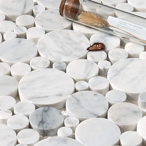 Miniatura 3 de 5 hojas de mosaico de mármol para salpicaduras de cocina, suelo de ducha de baño, etc., colección Bolle, redondos mixtos, 12 x 12 x 38 pulgadas,