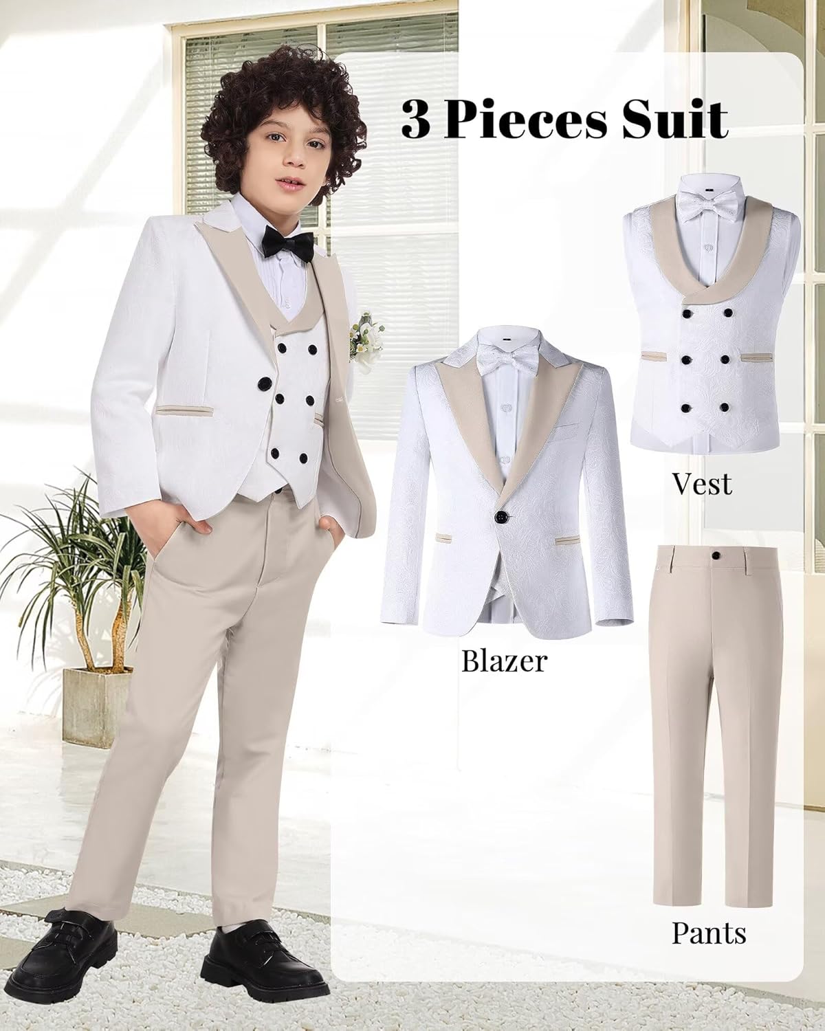 Suits for Boys Floral Jacquard Boys Suit 3 Piece Peak Lapel Tuxedo Suit Set Formal Kids Outfit for Wedding - Image 5