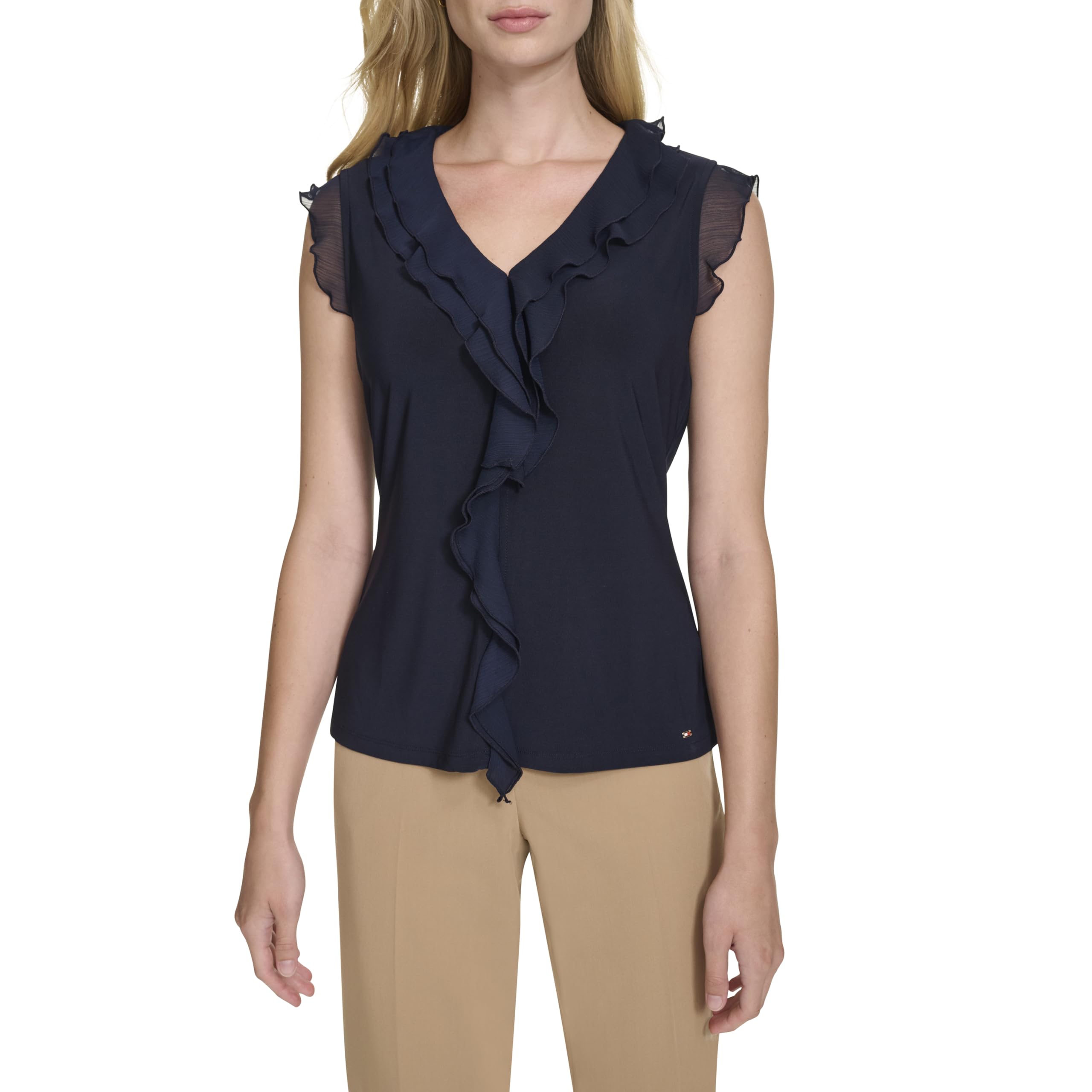 Tommy Hilfiger Sleeveless Mix Media Ruffle Blouse Camicetta Senza Maniche con Volant Mix Media Donna (Pacco da 1)