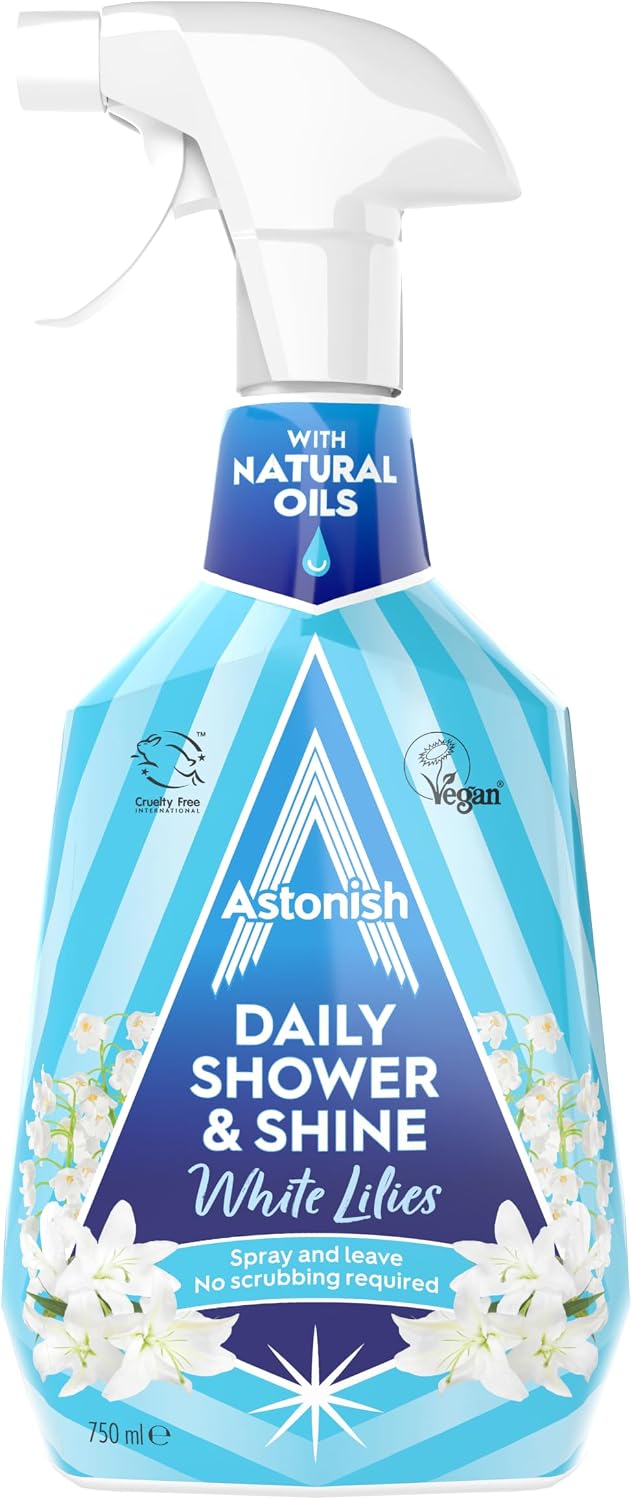 Astonish Daily Shower Shine White Lilies Cleaning Spray 3 Pack - No Scrub After Shower Spray Foam Prevents Watermarks & Buildup - Cruelty-Free Household Cleaning Products,750ml Spray Bottles