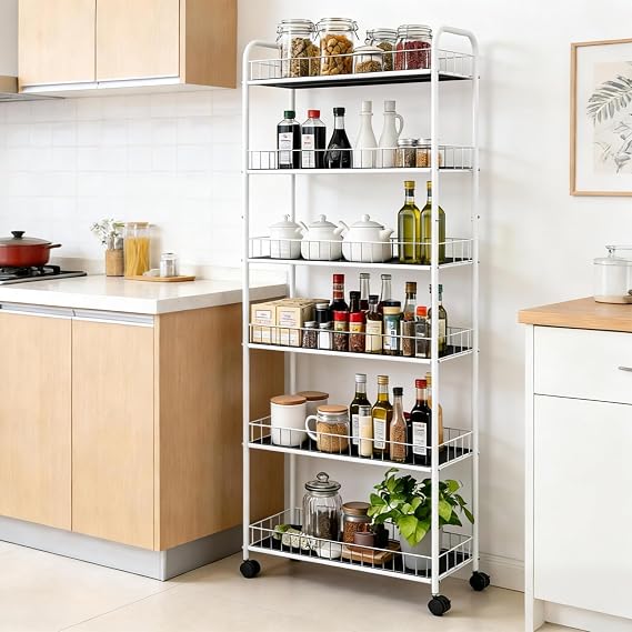 6 Tier Slim Rolling Storage Cart, Mobile Shelving Unit with Wheels, Metal Wire Storage Rack with Baskets for Kitchen Bathroom Office Laundry Narrow Piaces (10in White)