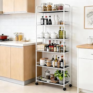 6 Tier Slim Rolling Storage Cart, Mobile Shelving Unit with Wheels, Metal Wire Storage Rack with Baskets for Kitchen Bathroom Office Laundry Narrow Piaces (10in White)