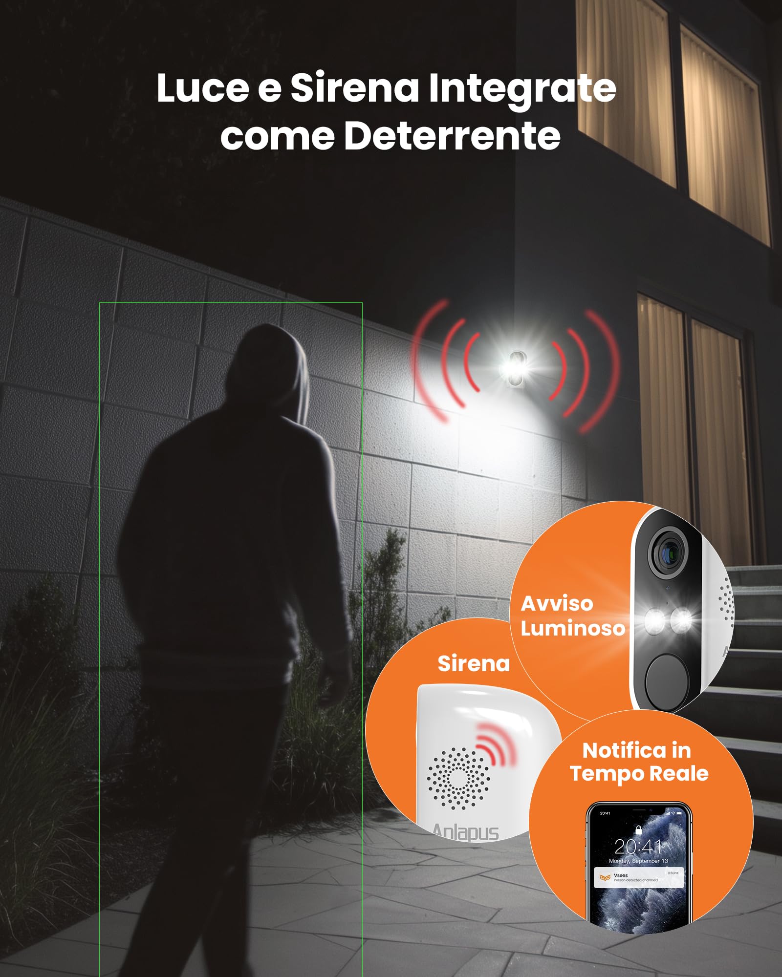 Anlapus 2K, 3MP Confezione da 2 Telecamere di Sorveglianza WiFi 6 Esterno/Interno, Visione Notturna a Colori, Rilevamento Persona/Veicolo, Allarme Acustico e Luminoso, Registrazione 24/7