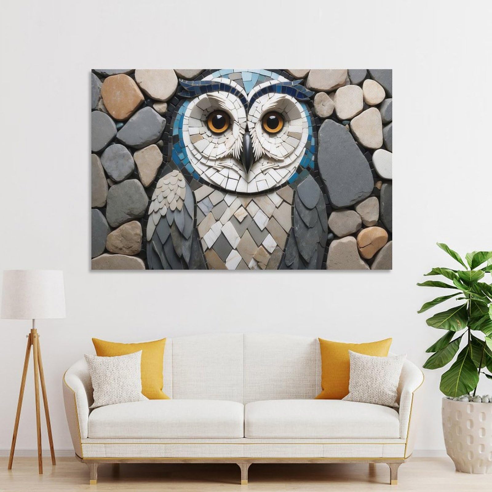 Junmoney Wall Decor Canvas Print Mosaic Owl Art with Stone Border, 24x36inch(60x90cm), for Bedroom, Lounge Or Dressing Area, Stylish Decor for A Restful Room Update