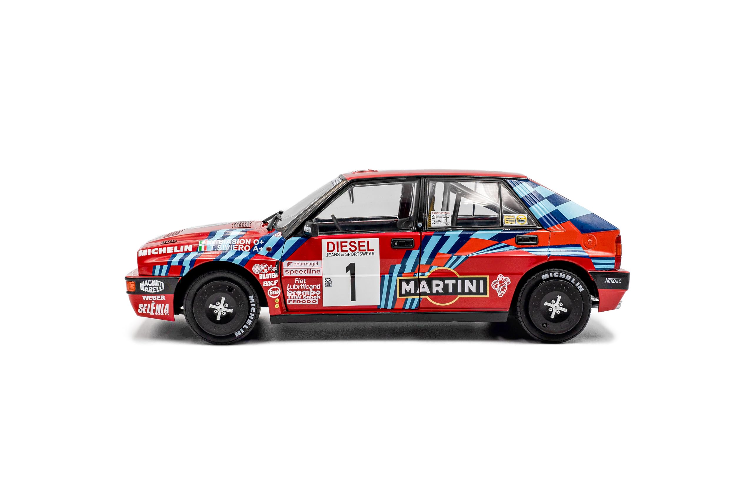 Solido Lancia Delta HF Integrale #1 - Veicolo da Rally Leggendario, Numero di partenza, Grafica, Doppio Faro Rotondo, Diecast Modello, Rosso, 1:18
