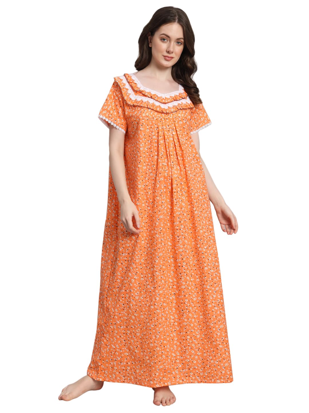 sephani Women's 100% Cotton Printed Maxi Nightgown Long Nighty Sleepwear for Ladies Super Soft Comfortable Orange-picture-11