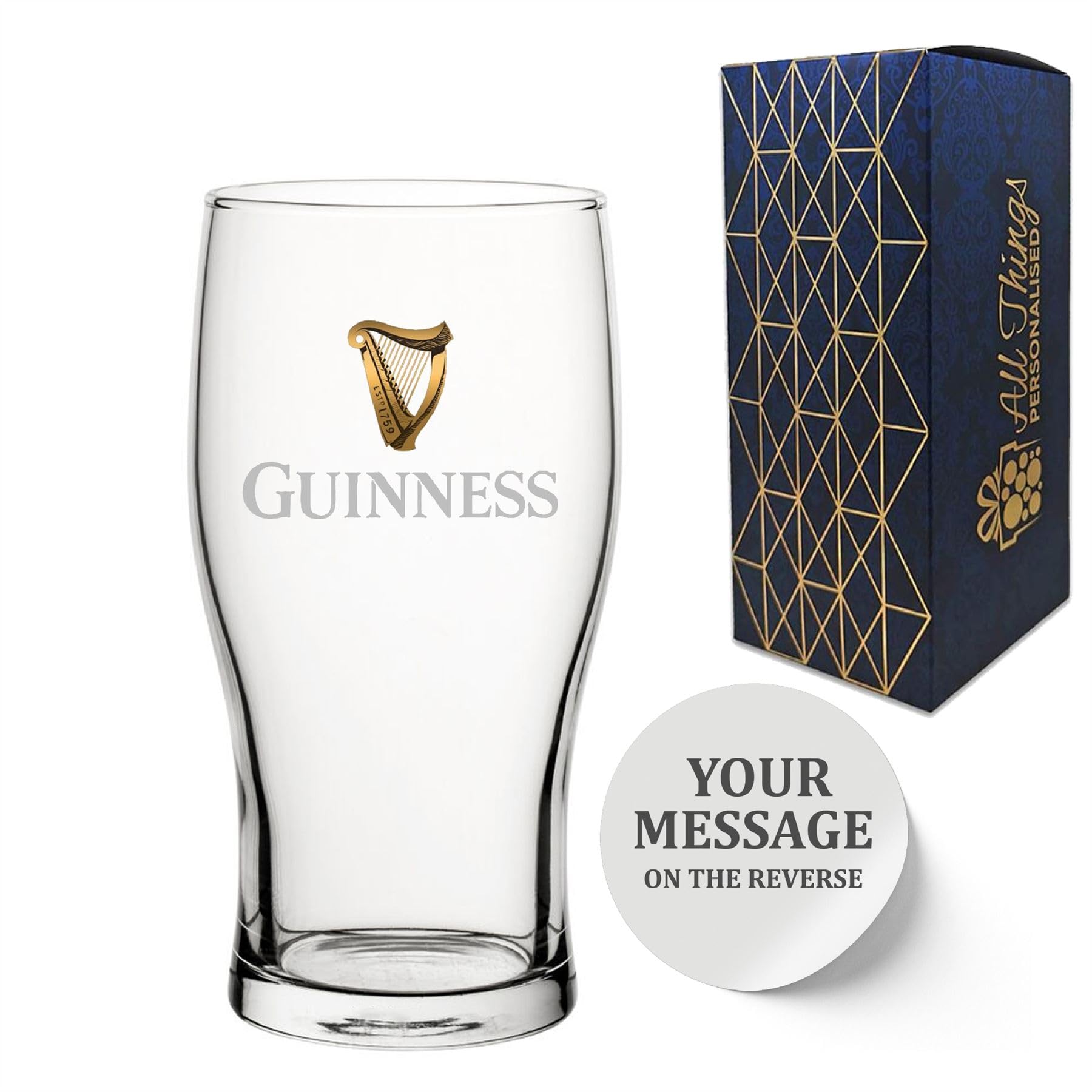 Official Classic Guinness Pint Glass, Engraved with Any Message, Personalise for Any Occasion, Gift Boxed, Holds Up to 20oz/570ml
