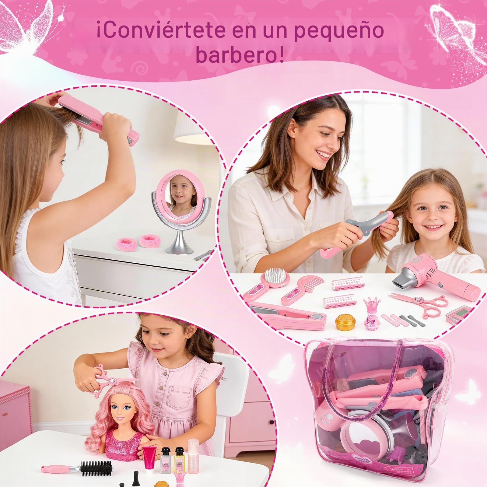 deAO Set De Juegos De 35 Piezas De Salón De Belleza para Niñas, Juego De Simulación De Peluquería con Secador De Pelo, Espejo, Rizador y Otros Accesorios, Kit De Maquillaje Simulado para Niños