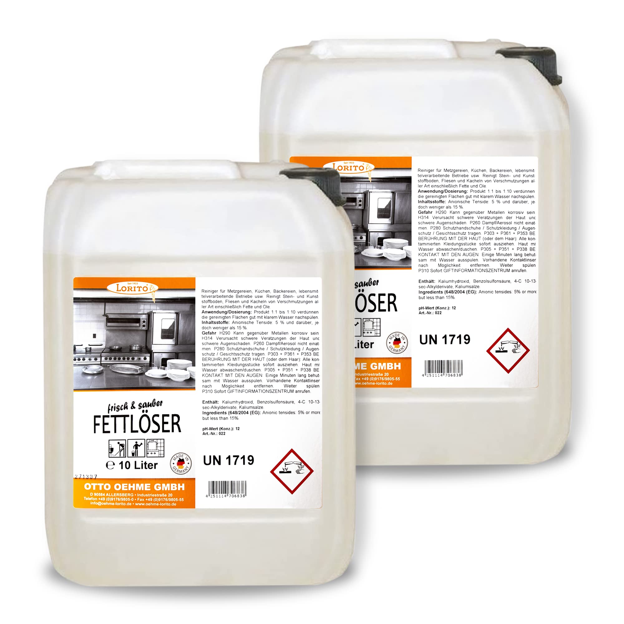 Lorito Profi-Fettlöser stark für Gastronomie & Küche 2 x 10L | Küchen-Reiniger Konzentrat für Dunstabzugshaube, Grill, Backofen & Fliesen, entfernt Fett, Öl & hartnäckige Verunreinigungen