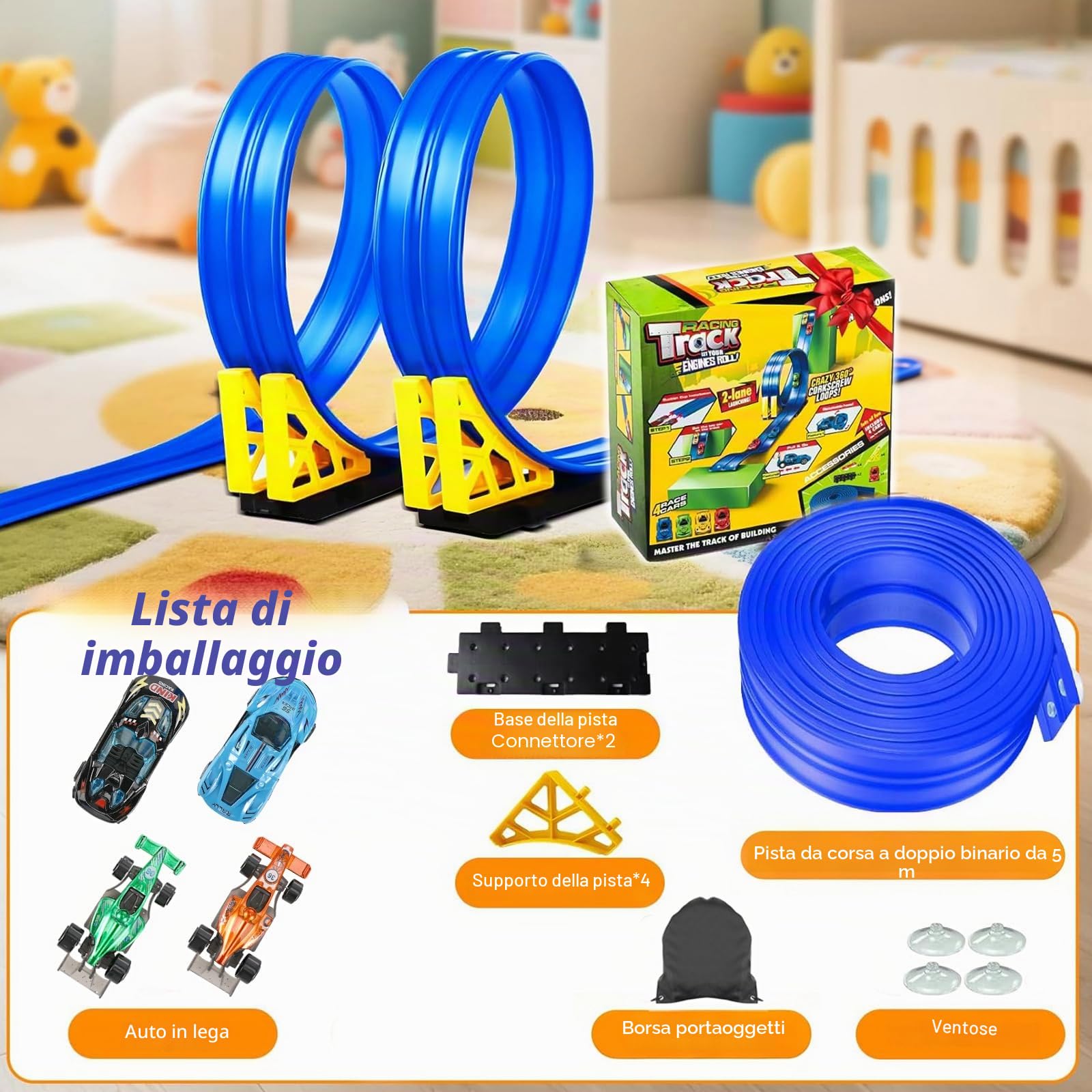 Pista per auto da corsa 5M Include 4 auto, Pista da corsa per auto con loop e pista a U, rotola su rampe a doppia pista da corsa, autostrada fai-da-te, giocattolo portatile pista per auto da
