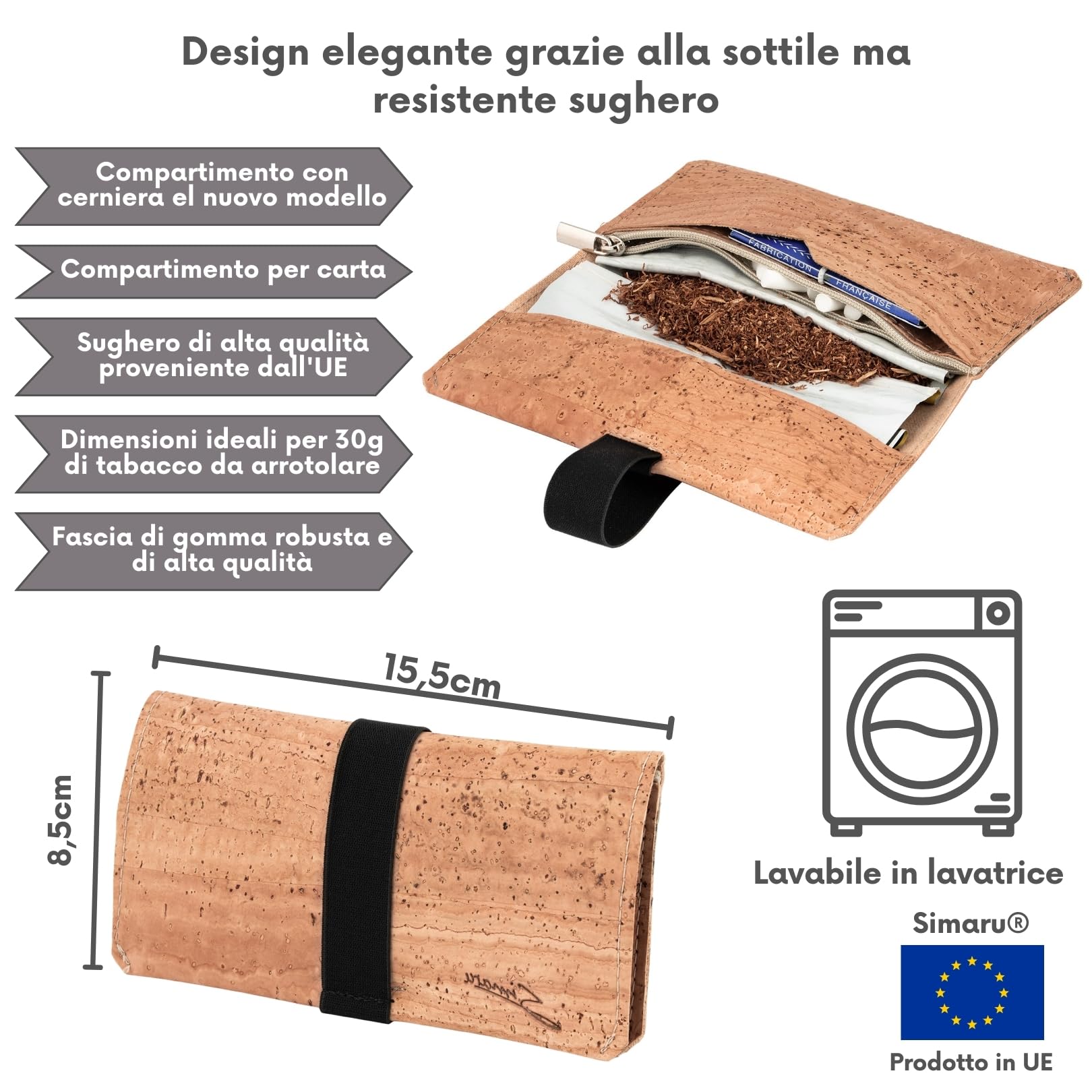 Portatabacco In Sughero Vegan 30-40g - Con Scomparto Per Cartine, Filtri E Accendino - Impermeabile E Sostenibile - Foto 9