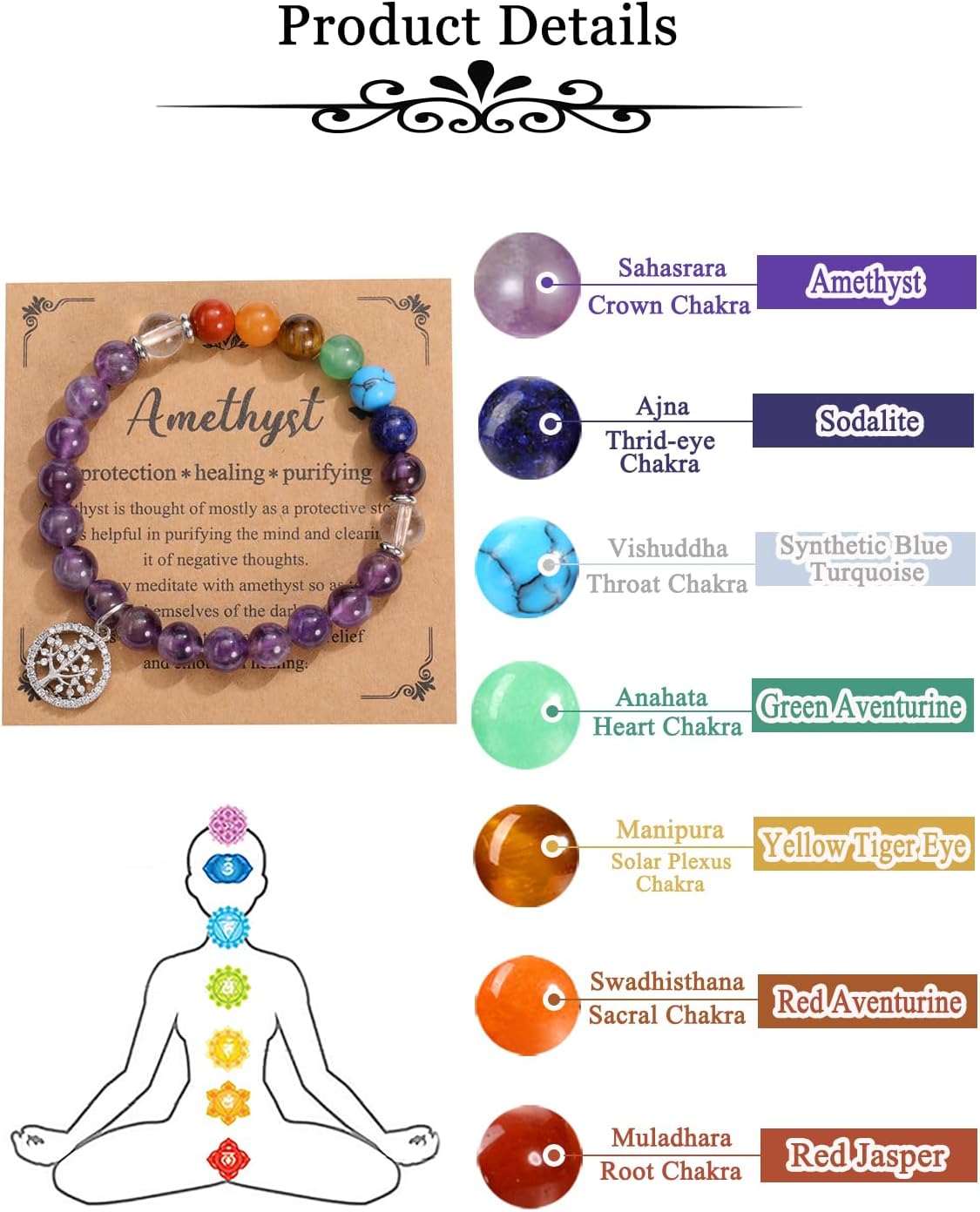 MANIFO Chakra Crystals Bracelet for Women Healing Crystal Bracelet Natural Gemstone Beaded Bracelets with Life Tree Charm Jewellery Valentines Christmas Gifts - Image 7
