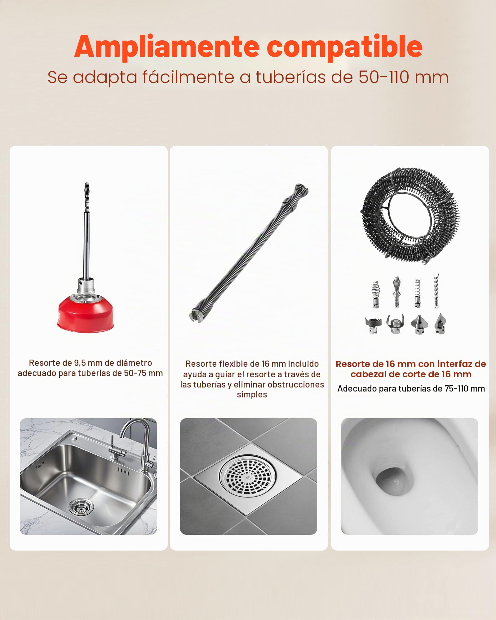VEVOR Desatascador de Tuberías Eléctrico 500 W 1400 RPM con Cable de Resorte de 20 m x 16 mm, 0,4 m x 16 mm, 5 m x 9,5 mm y 8 Cabezales de Limpieza, Apto para Tuberías de 50 a 110 mm de Diámetro