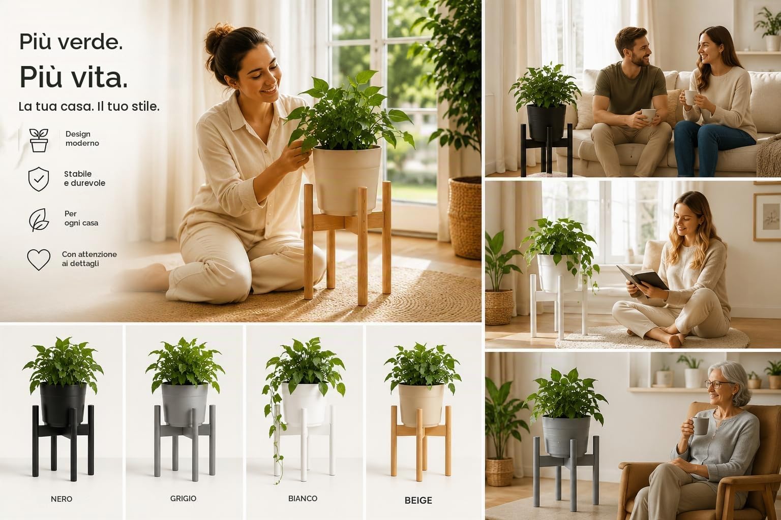 Rubberneck Set di 2 Supporti in bambù per Piante - Portavasi Regolabili - per Esterni e Interni - Nero | 2 livelli d'altezza a rotazione, per vasi interni ed esterni, privo di BPA, biodegradabile, sostenibile, coppia per salotto
