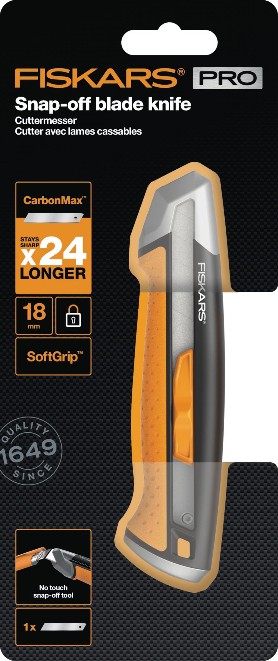 Fiskars Cutter CarbonMax con cuchillas quebradizas 18mm | Acero inoxidable/plástico, negro/naranja, CarbonMax, 1027227