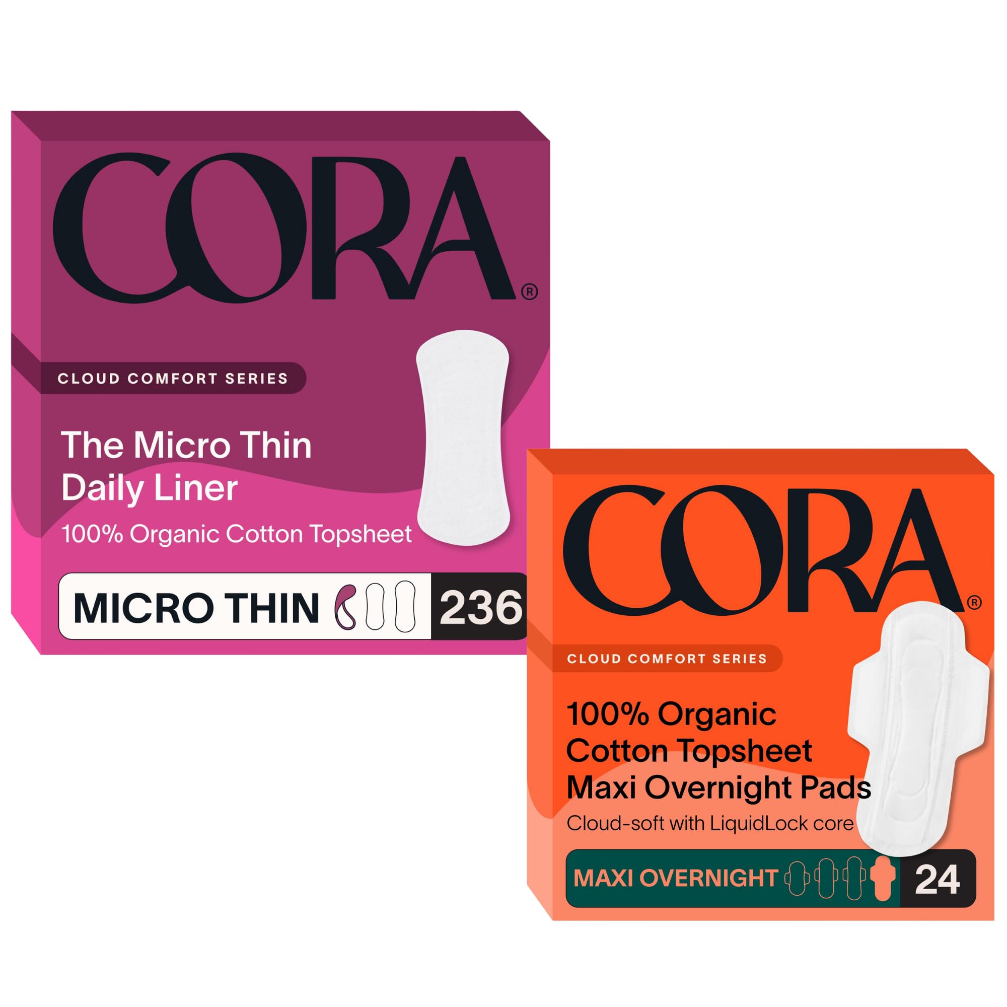 Cora Organic Cotton Feminine Care Bundle 236 Micro Thin Daily Panty Liners and 24 Maxi Overnight Pads with