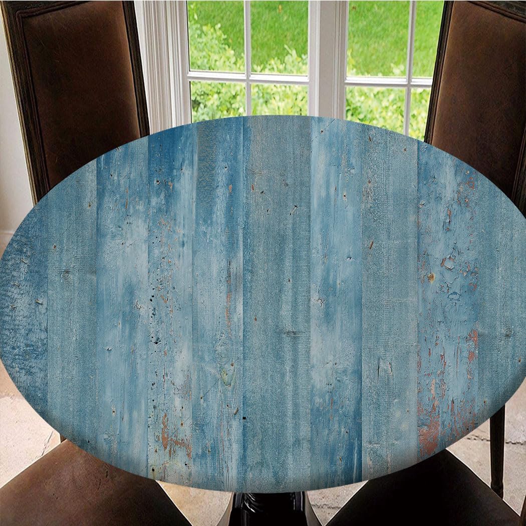 Round Fitted Table Cover Blue Wood Background Stretch Tablecloth with Elastic Edged for Dining Picnic Patio, Fit for Diameter 56.2"-60.1" Round Table