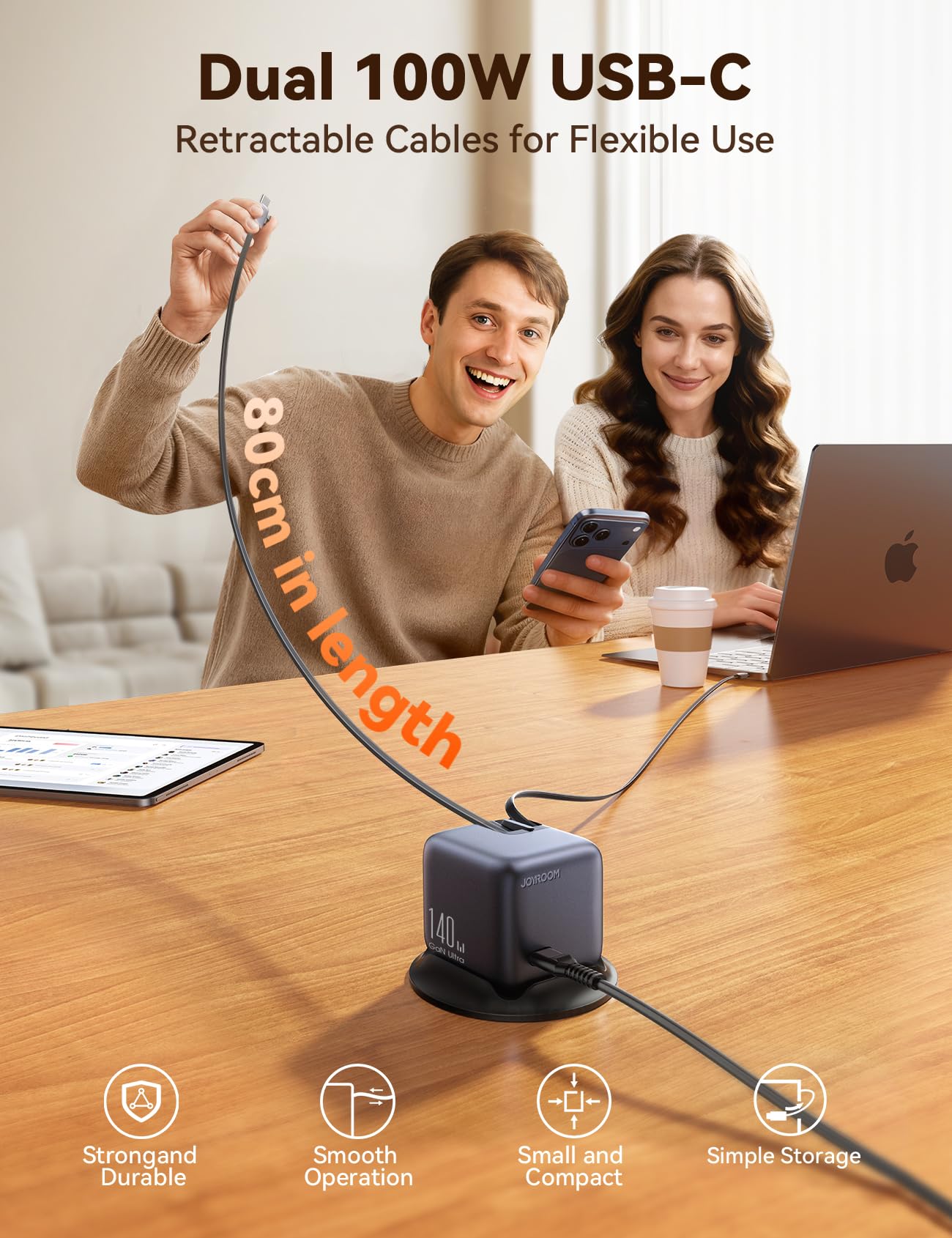 JOYROOM PODIX 140 W GaN Ultra stacja ładująca, szybka ładowarka USB C z 2 odwracalnymi kablami 100 W (80 cm), wyświetlacz LCD Smart 1,54", kompatybilna z MacBook, iPhone, Samsung, do biura i domu