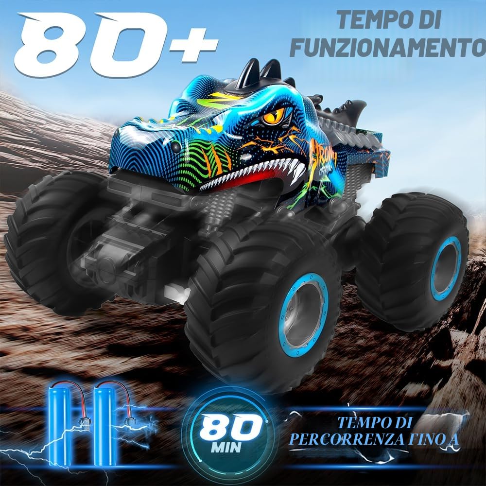 Macchina Telecomandata 1:16 Dinosauro RC Monster Truck 2.4 GHz 20 Km/h Auto Telecomandata con Nebbia Spray Musica Luci LED Auto Radiocomandata RC Auto per Bambini di 4 5 6 7 8 anni