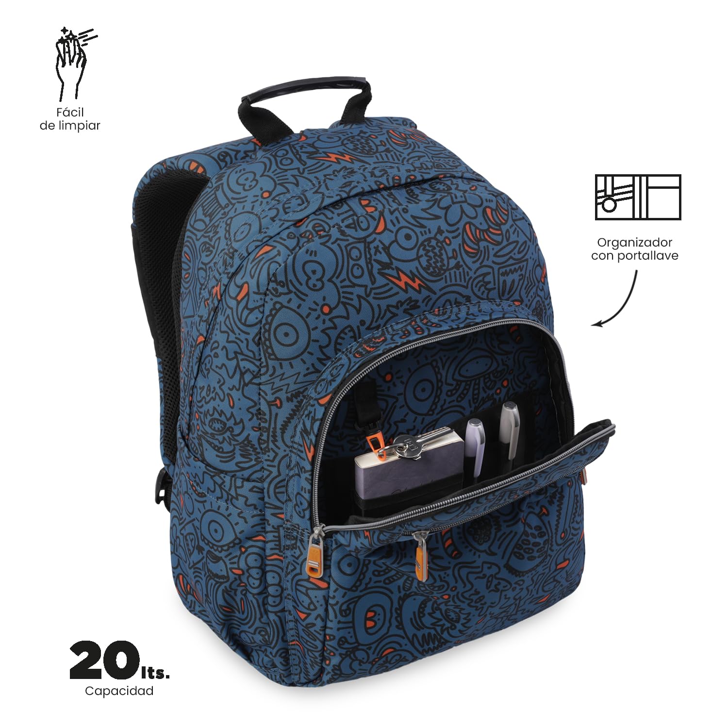 TOTTO - Mochila Escolar Adaptable a Carro, Modelo Acuareles, Capacidad 20 L, Bolsillo Pc 14", Bolsillos Botella, Espaldar Ergonómico con Flujo de Aire, Cómodas Correas en S, Estampado Grafer