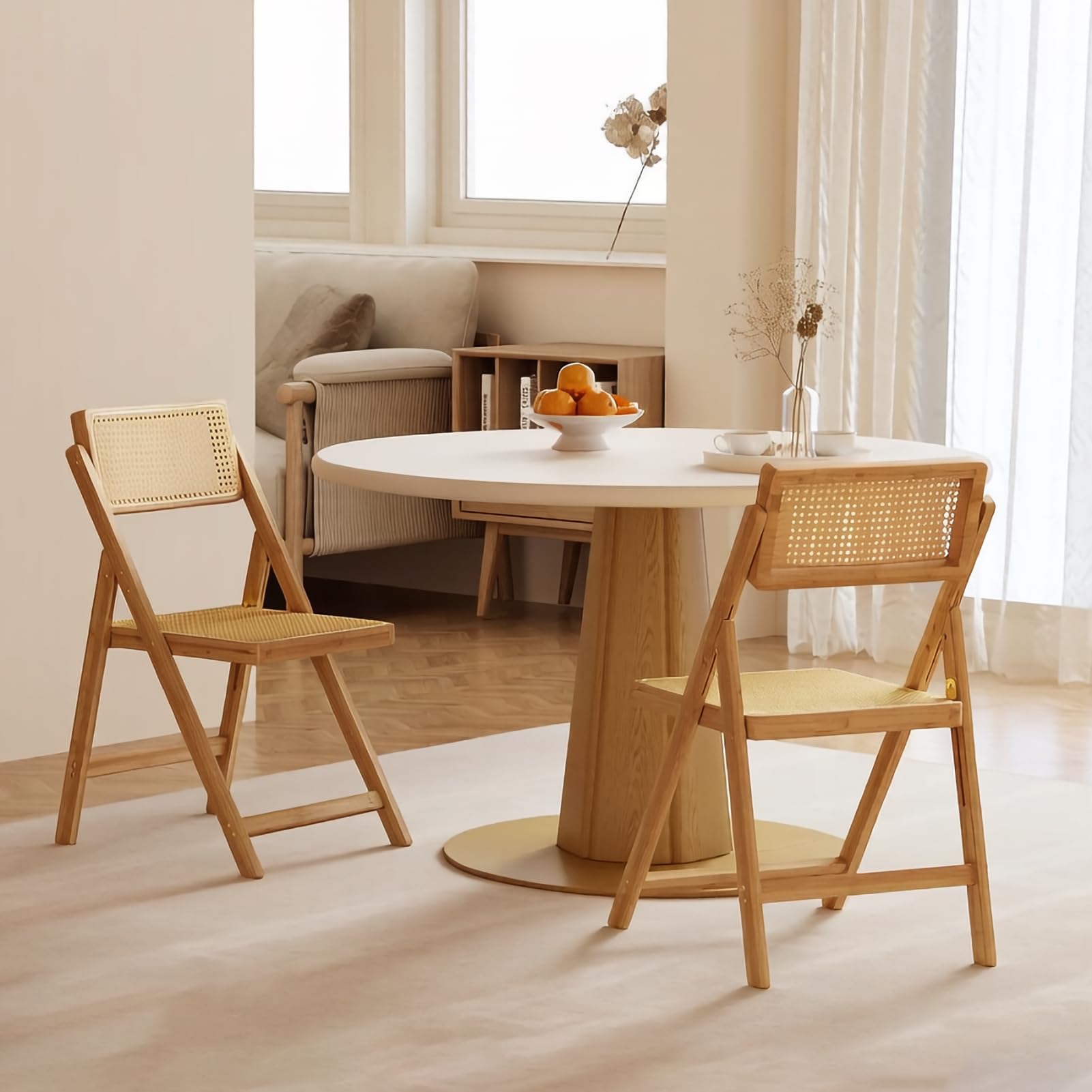 Warmiehomy Folding Dining Chairs Set of 2 Wooden Rattan Kitchen Chairs for Home Office Living Room Bedroom Dining Room Outdoor Camping Garden Chair, Natural