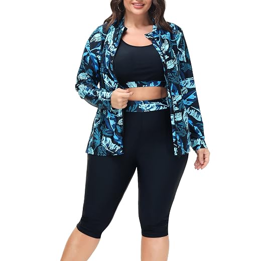 Hanna Nikole Women 3 Pieces Plus Size Rash Guard Swimwear Sun Protection Surfing Bathing Suits Long Sleeve Swimsuits