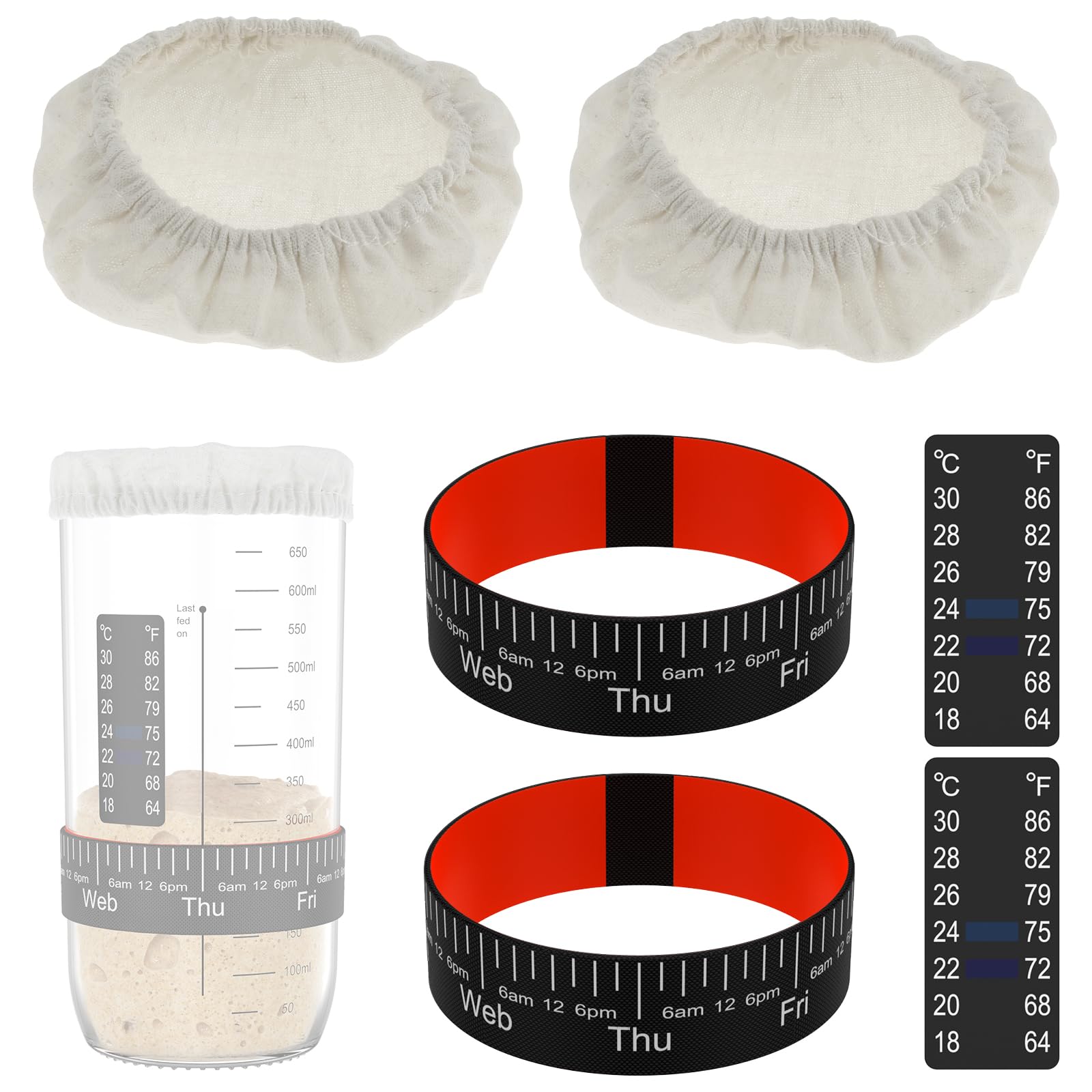 NIHUIFDPY 6Pcs Sourdough Starter Kit with Cloth Cover Date Marked Feeding Band and Temperature Paper Sourdough Starter Jar Replacement Set for Yeast Bread Baking Supplies