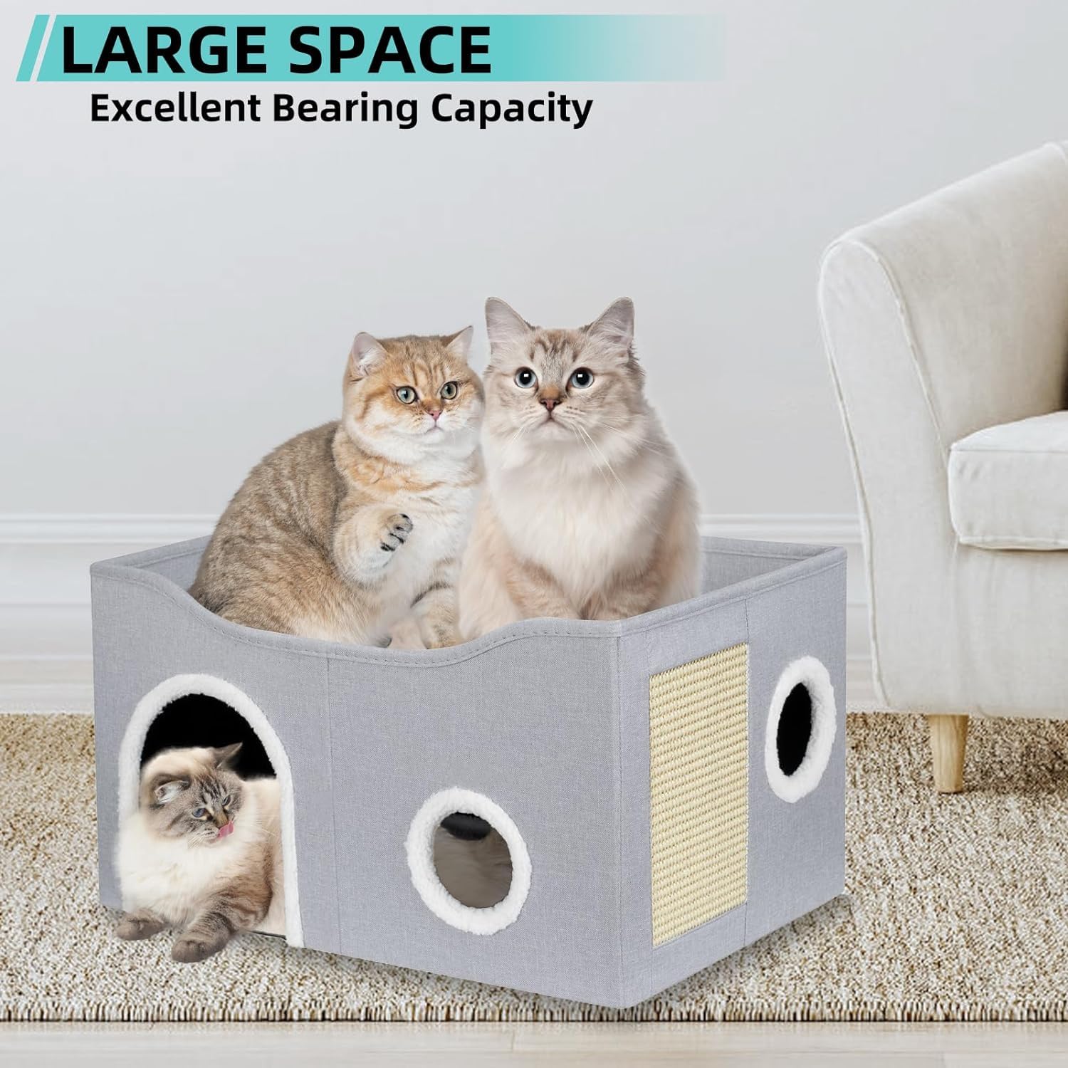 بيت للقطط في الأماكن المغلقة من الميكاكوز، سرير كبير للقطط مع كرة منفوشة ووسادة خدش، بيت قطط قابل للطي، مكعبات ومخبأ وسرير قطط مغطى