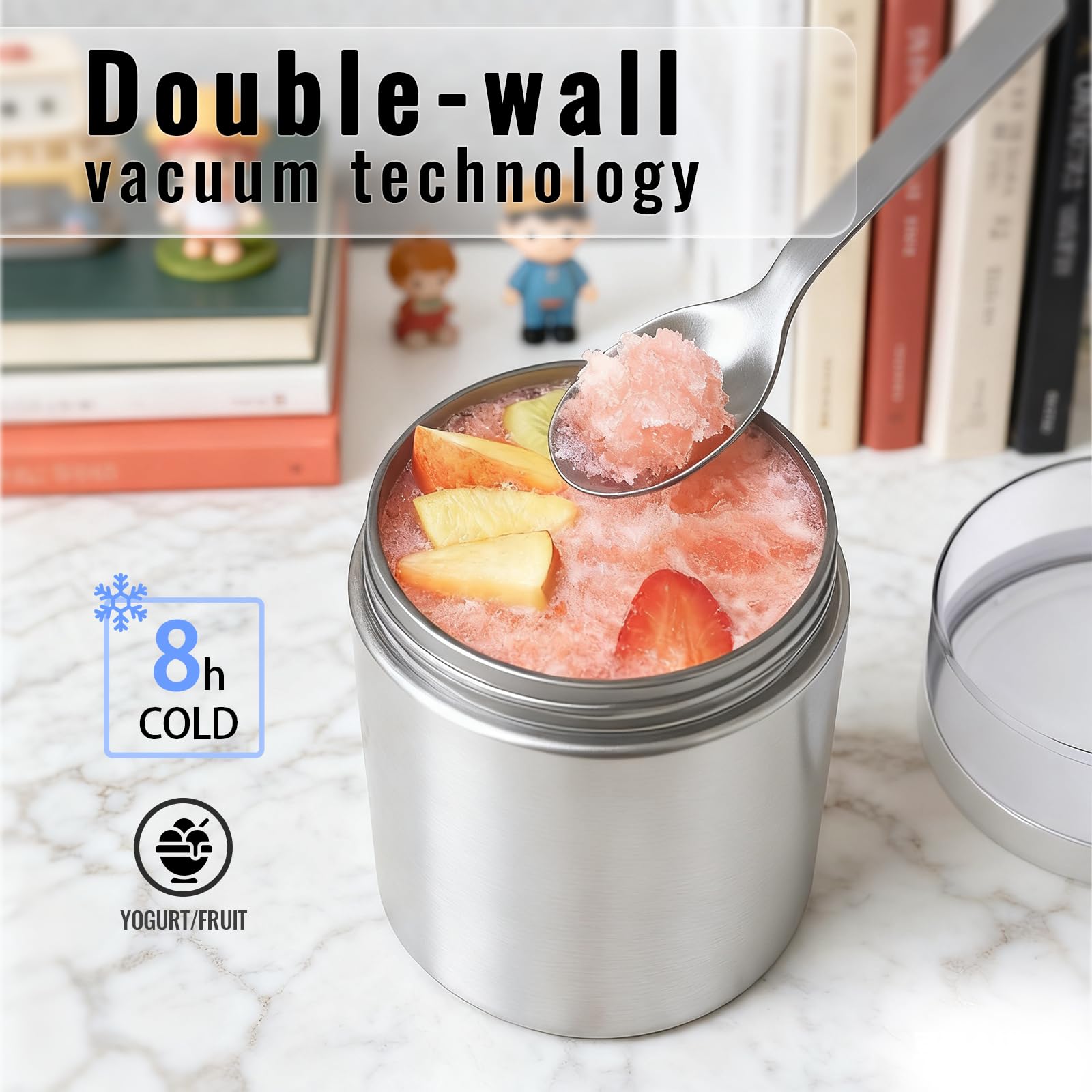 Bakpoco 2-in-1 abnehmbarer, isolierter Lebensmittelbehälter, 479 ml, Suppen-Thermo für heiße Speisen, Kinder und Erwachsene, mit 190 ml Snackbehälter, Edelstahl, isolierter Lunchbehälter mit Löffel