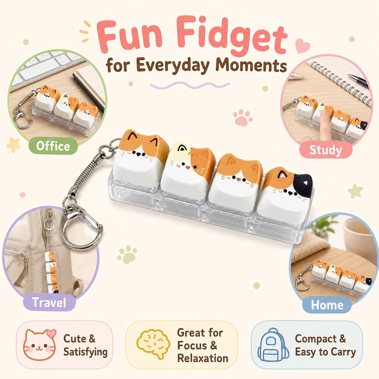 Cute Cat Keyboard Fidget Toy,Clicker Fidget Keychain,Keyboard Button Finger Clicker for Anxiety Relief,Crisp Sound, for Adults at Work, Travel, Home–Focus Boost Gift (Cat 3) image 4