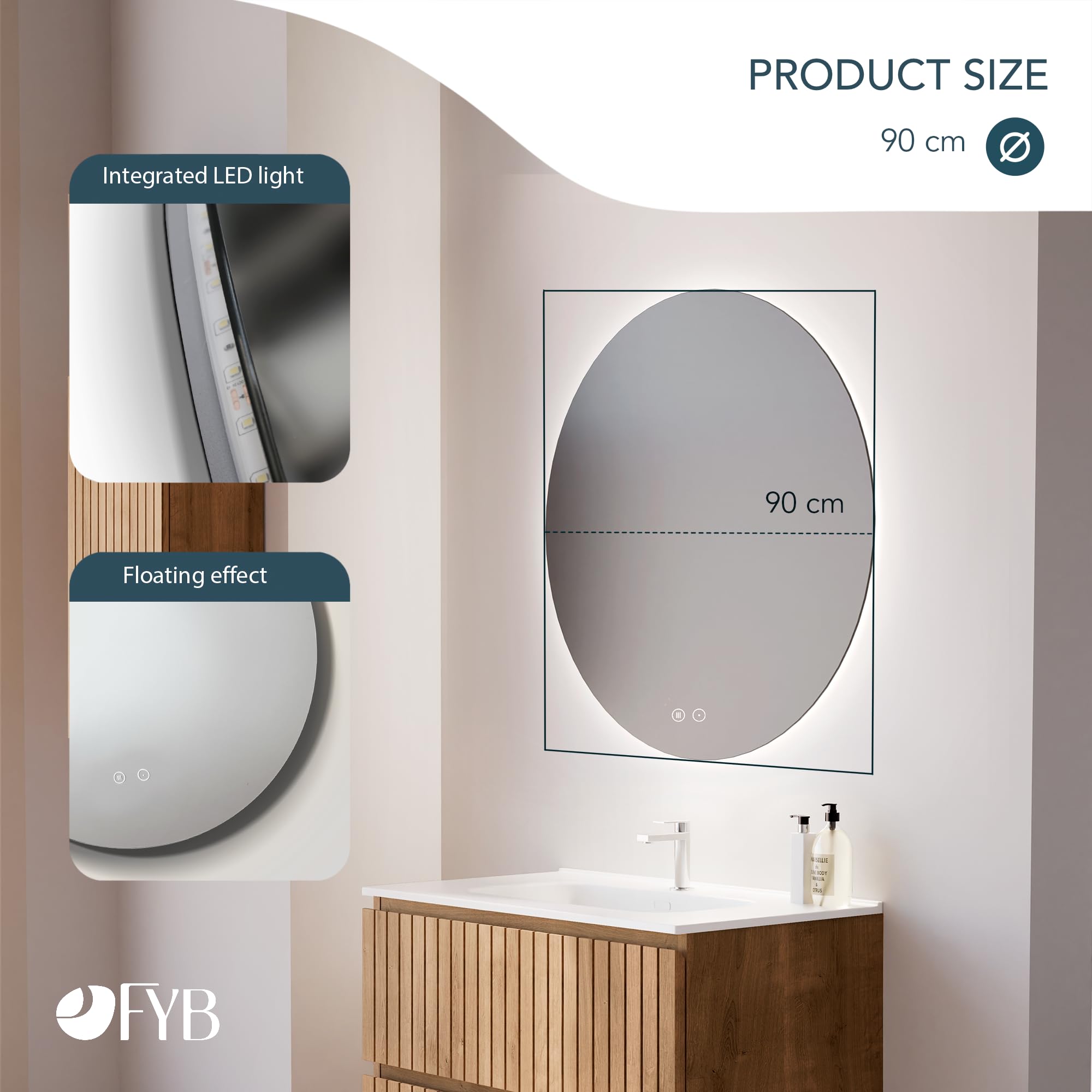 Espejo Redondo LED Ø90 cm Sin Marco, Antivaho, Luz Regulable en Intensidad, Interruptor Táctil, Vidrio Templado, Apagado Automático, Diseño Moderno para Baño y Fácil Instalación