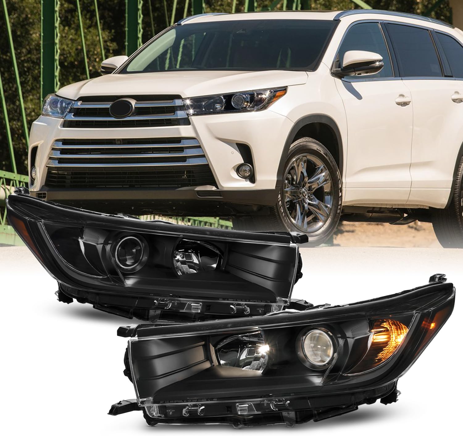 AKKON - Fits 2017-2019 Toyota Hightlander LE/XLE [Halogen Type] Black Headlights Pair Driver+Passenger w/Non LED DRL