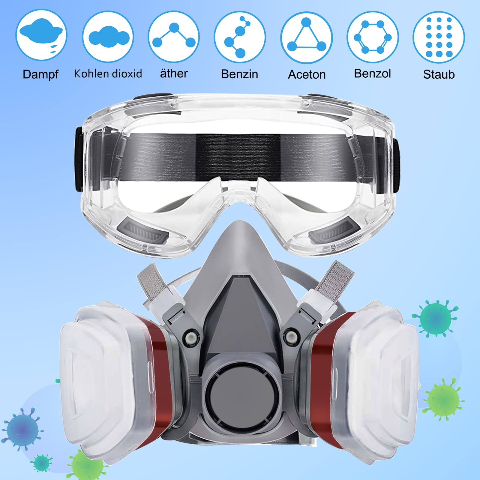 Masques Protection 18 in 1, Masques Peinture, Réutilisable Avec Filtre Anti Poussière,Masque a Gaz Respiratoire avec Filtre pour Pulvérisation,Peinture,Travaux, Produits Chimiques,Bricolage,Ponçage