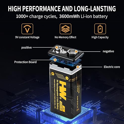 Miniatura 2 de HW Baterías recargables de 9 V, paquete de 4 baterías recargables de iones de litio de alto rendimiento de 9 voltios con cargador, recarga hasta