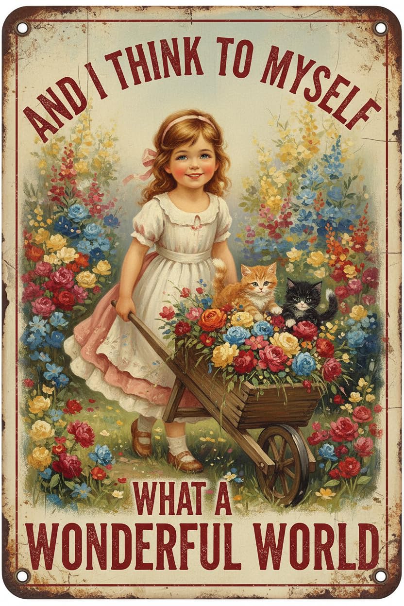 Garden Girl Metal Tin Sign Wall Art Rustic Vintage Outdoor Decor And I Think To Myself What A Wonderful World Quote 8x12inch