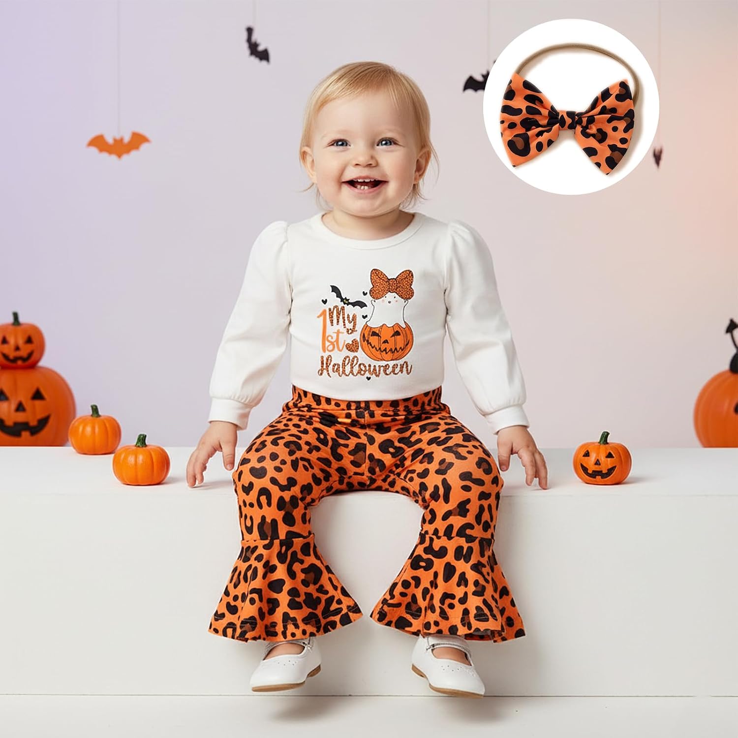 My First Halloween Baby Girl Outfit Newborn Pumpkin Romper Bell Bottom Pants Headband Outfits Set