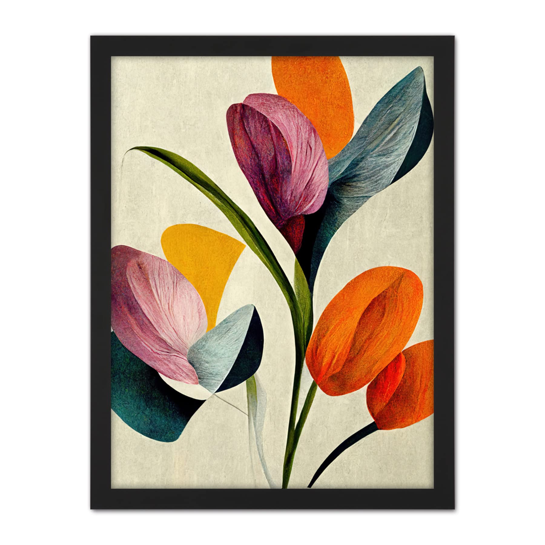 Wee Blue Coo Spring Flowers Floral Bouquet Bold Abstract Boho Coral Mustard Artwork Framed Wall Art Print 18X24 Inch