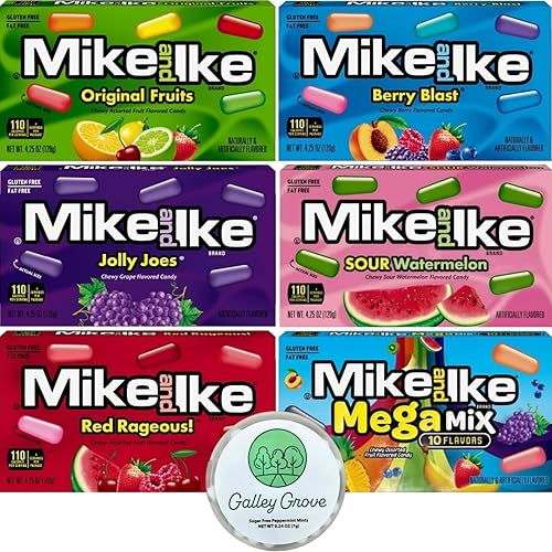 Mike And Ike 4.25 OZ Theater Box Variety Bulk - Jolly Joe's, Red Rageous, Berry Blast, Sour Watermelon, Original Fruit, Mega Mix Bundle With Galley Grove Sugar-Free Peppermint Breath Mints