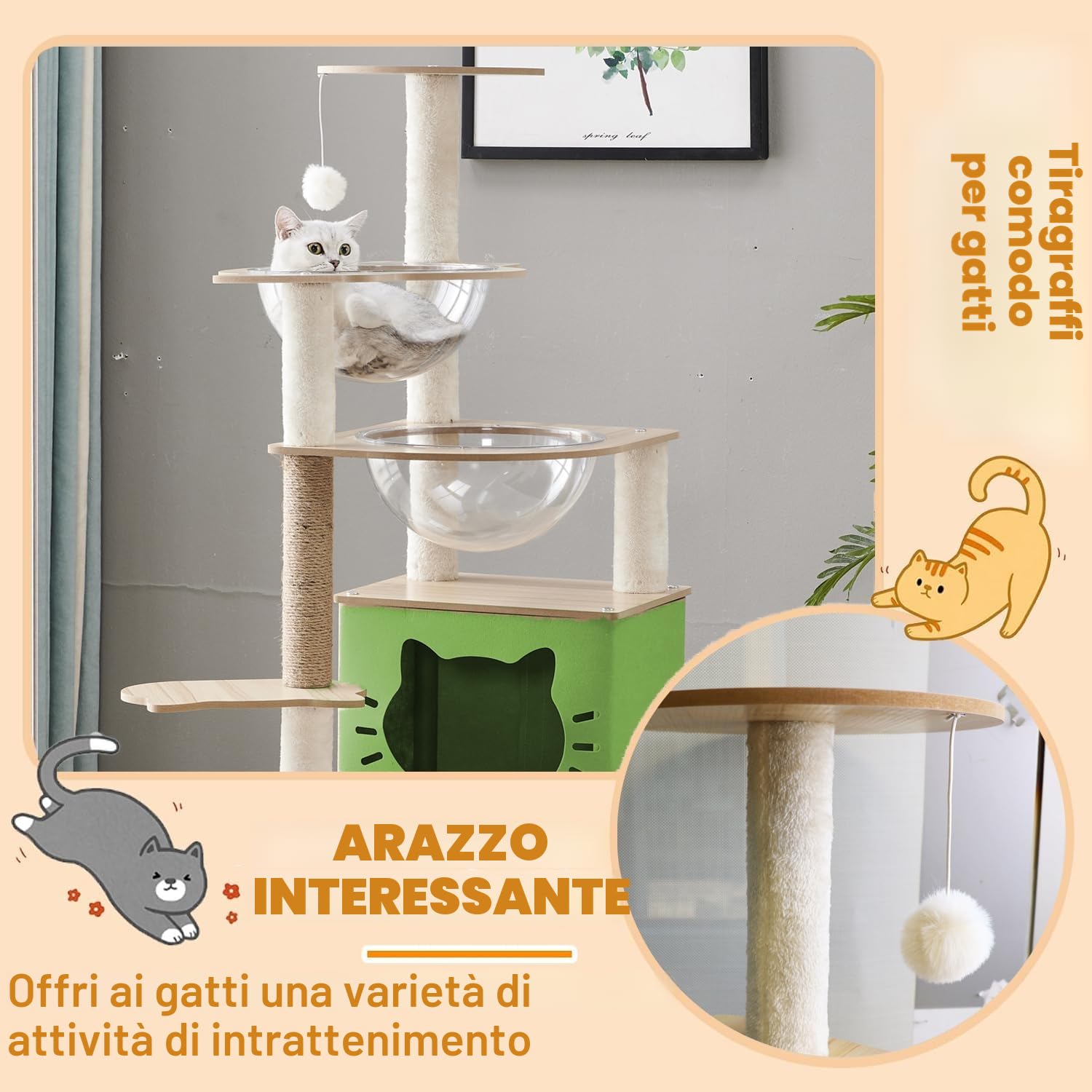 Tiragraffi per gatti,Con Cuccia gatto,2 Capsula spaziale trasparente,Gioco per Palla,Trespolo per Piattaforma,Scala per,Tiragraffi per gatti adulti(145CM)