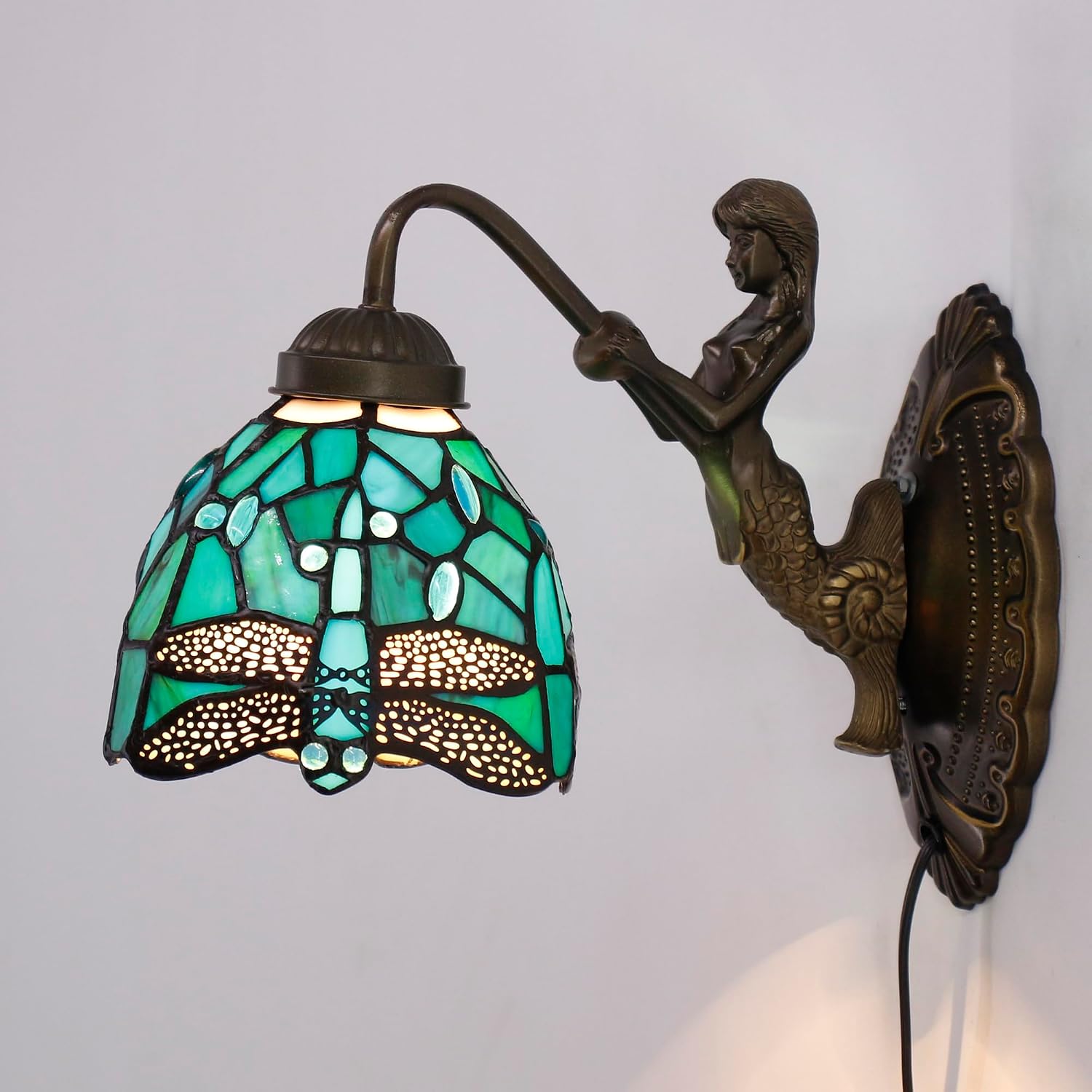 Tiffany Mermaid Wall Lamp Insert Colored Glass Bedside lamp 6X12X11 inches, Suitable for Living Room, Bedroom and Corridor (Green Dragonfly)