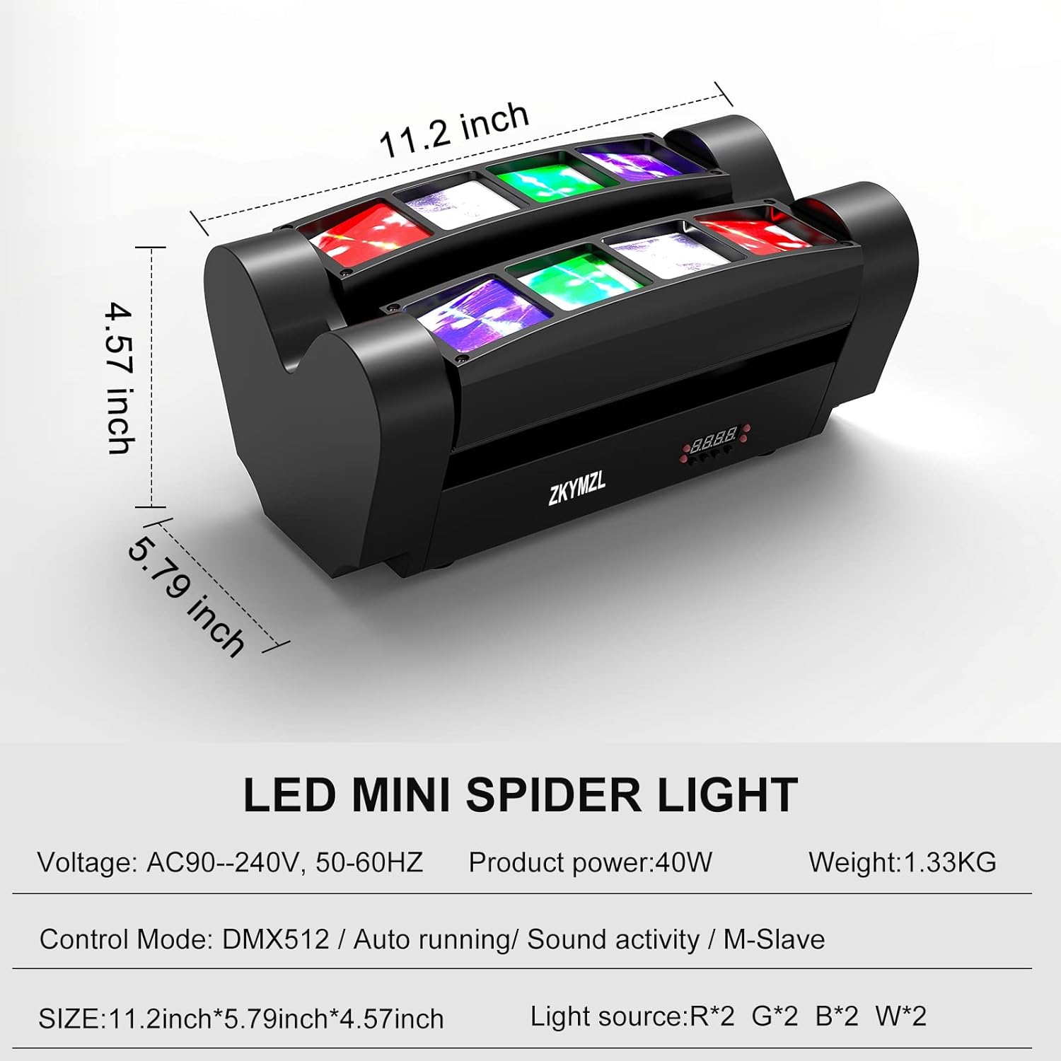 Diagram showing the dimensions of the ZKYMZL LED Mini Spider Light: 11.2 inches length, 5.79 inches width, 4.57 inches height. Also lists Voltage, Product Power, Weight, Control Mode, and Light Source details.