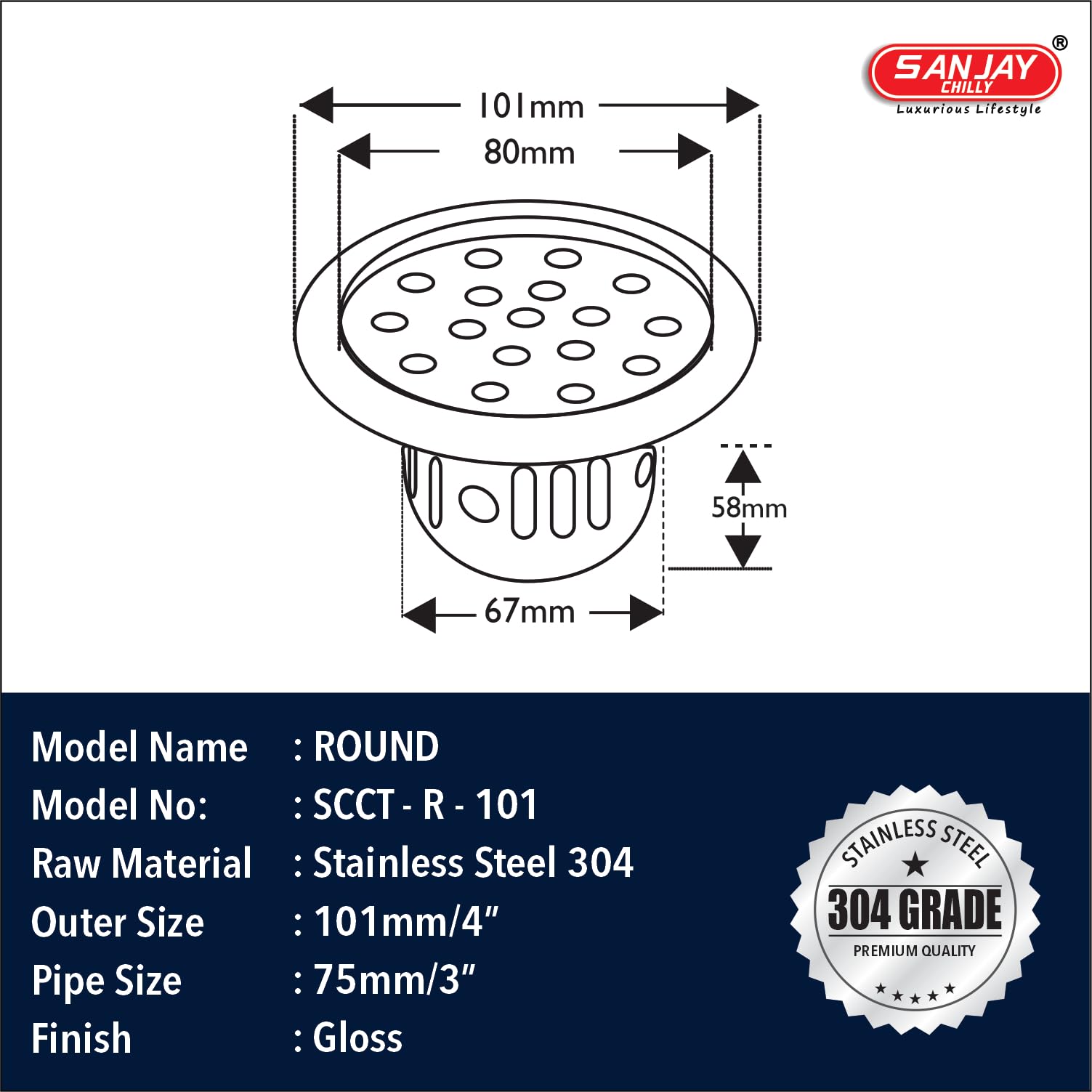 Sanjay Chilly Round SS Floor Drain with Cockroach Trap Jali 304 Grade Kitchen Sink Washbasin Bathtub Luxurious Bathroom Gratings Safety from Snakes & Insects (Silver 4 INCH) 4