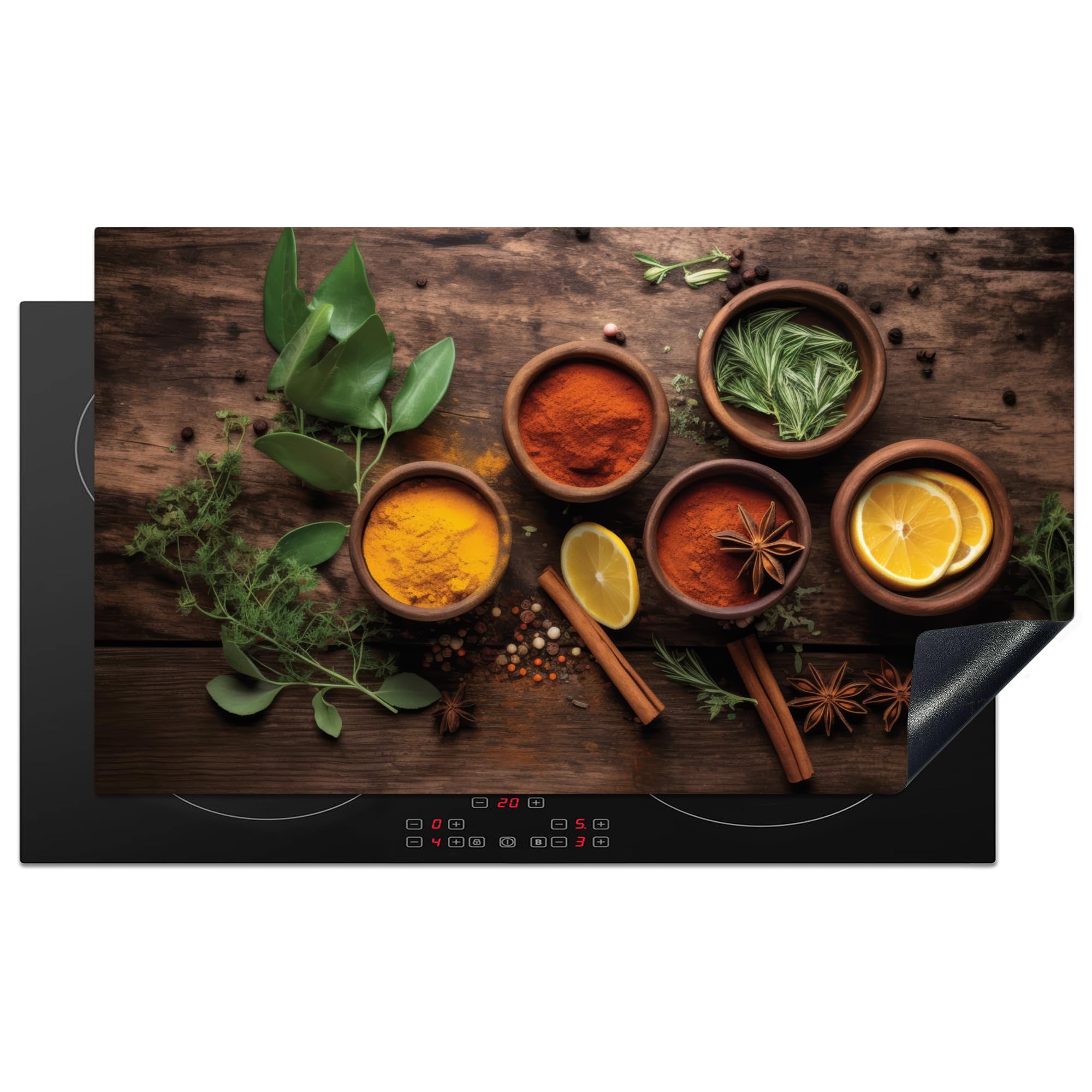 KitchenYeah© Induction Hob Cover Protector Mat 20.8"x36" / 91.6x52.7 cm Kitchen Universal Ceramic Covers for Electric Cookers Vinyl Fruit - Spices - Herbs - Cinnamon - Wood Print