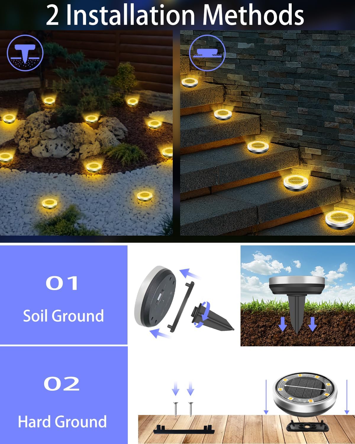 Solar Lights Outdoor Waterproof, 12 Pack 8 LED, Thickened Stainless Steel Ground Light, Solar Garden Lights Landscape Lighting for Patio Pathway Lawn Yard Deck Driveway Walkway, Warm White