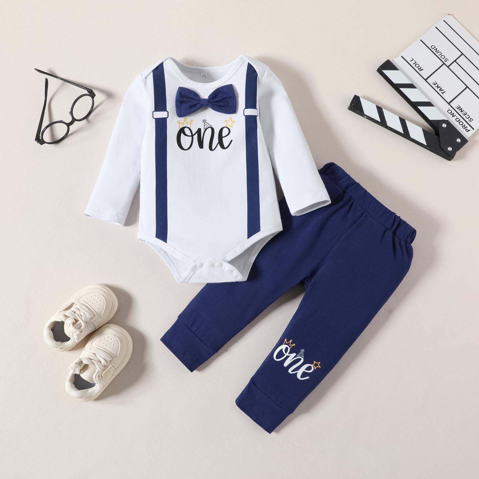 IDOPIP Baby Boy First 1/2 Birthday Outfit for Cake Smash Photo Shoot Crown One Romper with Bowtie + Long Pants 2PCS Long Sleeve Fall Casual Formal Wedding Party Clothes Set Navy Blue 2PCS 12-18 Months